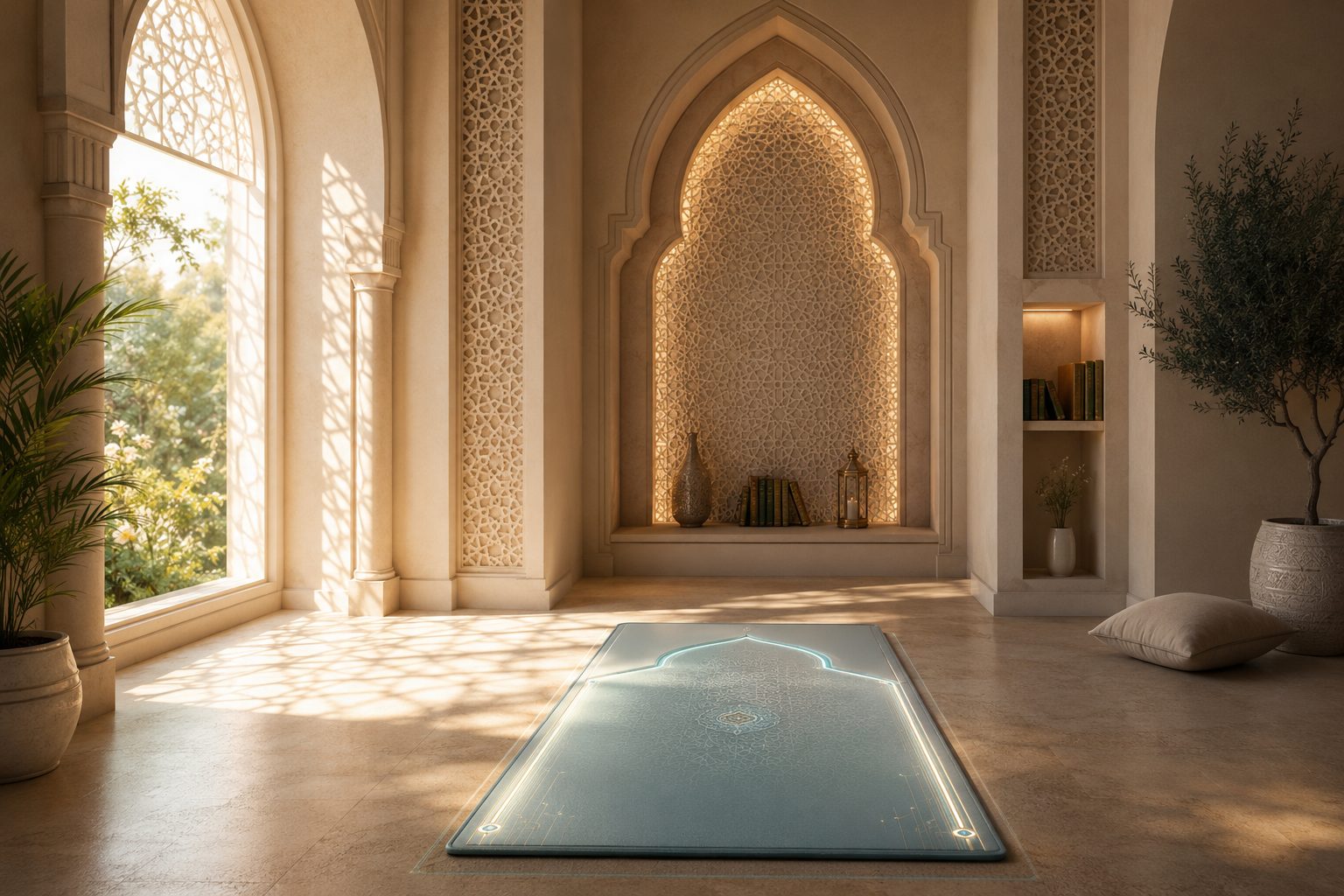 A serene Islamic prayer room with warm light and geometric patterns